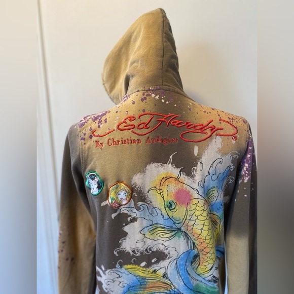Ed Hardy by Christian Audigier Women’s Hoodie with Hollywood Koi Fish - Picture 4 of 12